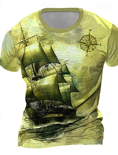  Men's Graphic Compass Sailboat T Shirt Short Sleeve T shirt 3D Print Crew Neck Shirt Daily Designer Retro Vintage Sports Outdoor Holiday Going out Yellow Blue Green Spring & Summer Clothing Apparel S