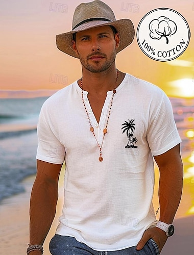  Мужская рубашка Хенли из 100% хлопка с кокосовой пальмой, белая синяя футболка, футболка с графическим рисунком, модная классическая рубашка с коротким рукавом, удобная футболка, уличный отдых, летняя модельерская одежда
