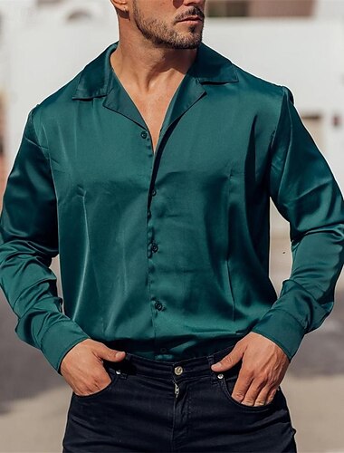  Herr Skjorta Satinskjorta Knapp upp skjorta Casual skjorta Sommarskjorta Grön Långärmad Slät Krage Dagligen Semester Kläder Mode Ledigt