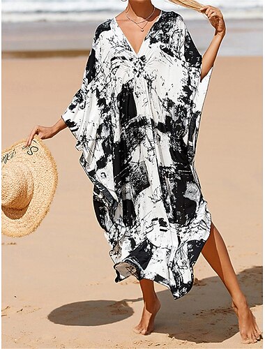  Vestido longo feminino com estampa de folhas gráficas e decote em V, vestido longo, férias havaianas, praia, manga 3/4, verão