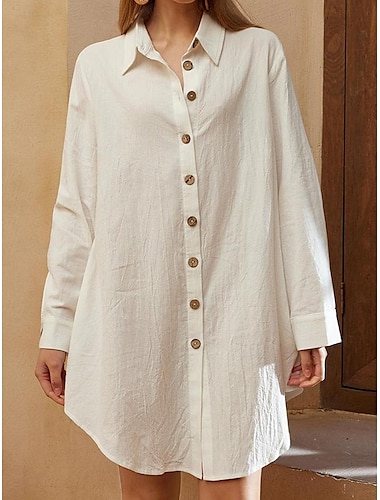  Mujer Vestido de Camisa Mini vestido Sabana de algodon Abotonar Botón Básico Diario Cuello Camisero Media Manga Verano Primavera Blanco