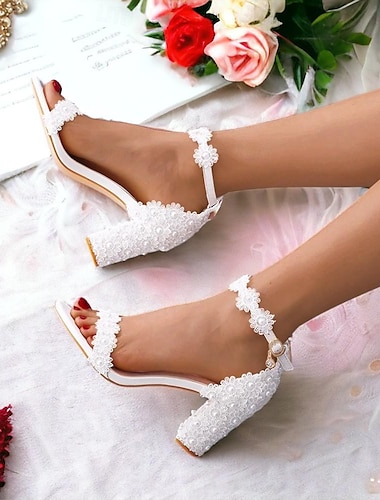  Női Esküvői cipők Parti Hamis gyöngy Csipke Alacsony Kerek orrú Elegáns Mikrobiális bőr T-pánt Fehér