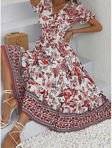  Damen Midikleid Casual kleid Schaukelkleid A Linie Kleid Sommerkleid Strassenmode A-Linie Urlaub Strasse Festtage Regular Fit Blumen Kurzarm V Ausschnitt Schwarz Rote Blau Grün Sommer