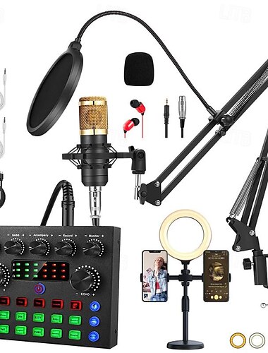  Komplettes Podcast-Studio-Paket BM800 Kondensatormikrofon V8S Audio-Interface Fülllicht Flexible Stromversorgungsoptionen Hervorragende Lautstärkeregelung