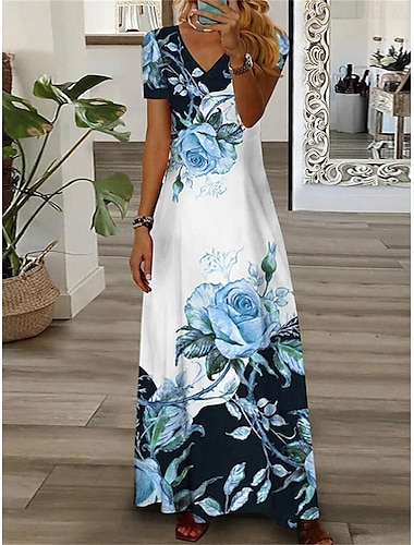  Femme Robe casual Floral Imprimer Col V robe longue Vacances Manche Courte Eté