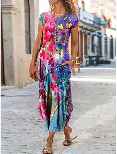  Women's Casual Dress Floral Graphic Pocket Print Crew Neck Long Dress Maxi Dress Vacation Short Sleeve Summer