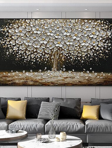  mintura 手作り木の花油絵キャンバス壁アート装飾現代抽象ゴールドシルバーツリー写真家の装飾のためのロールフレームレス未伸張絵画