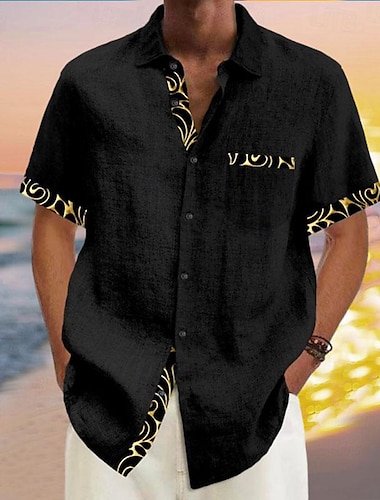  純色 グラフィック ペーズリー ハワイアン リゾート 男性用 プリントシャツ アウトドア 祝日 バケーション 夏 折襟 半袖 ブラック, ネイビーブルー S, M, L スラブ生地 シャツ
