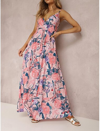  Damen Freizeitkleid Unterkleid Blumen rückenfrei Print Träger langes Kleid Maxikleid Hawaii Urlaub Strand ärmellos Sommer