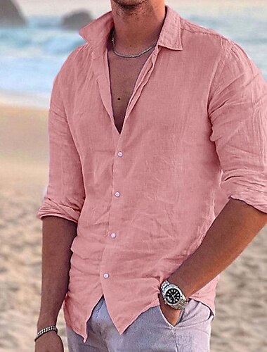  Homme Chemise Chemise Lin Chemisette Chemise d'été Tenues de plage Chemise boutonnée Couleur unie Extérieur Vacances Noir Blanche Rose Claire Bleu manche longue Col rabattu Printemps été Vêtement