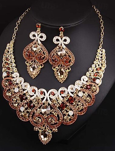  مجموعة مجوهرات 3 قطع حجر الراين سبيكة أقراط القلائد نسائي أنيق عتيق ترف هندسي هندسي مجموعة مجوهرات من أجل زفاف مناسب للحفلات مناسبة خاصة