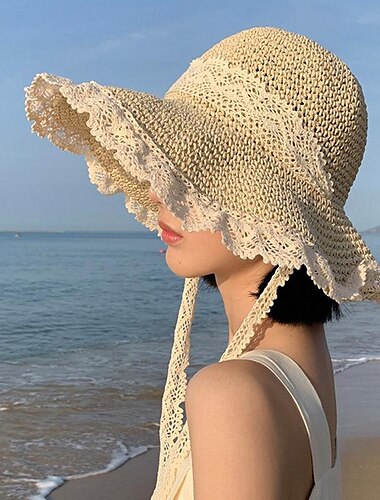  elegante sombrero de paja beige/caqui con cordón de encaje ala ancha con volantes sombreros para el sol sombreros de playa de viaje transpirables para mujeres niñas vacaciones de verano al aire libre