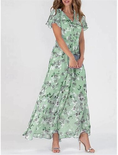  Damen Maxikleid Blumendruck V-Ausschnitt Flatterärmel fließend blau weiß elegant Hochzeitsgast Gartenparty Sommer Frühling feminine Silhouette leicht bequem verschiedene Größen