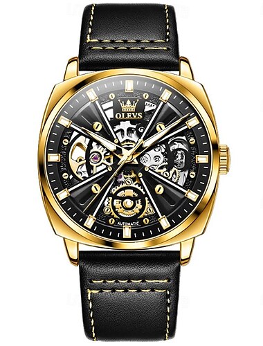  Olevs 6685 Automatikuhr für Herren, goldenes Skelett, Edelstahl, wasserdicht, Lederarmband, sportliche mechanische Herrenarmbanduhren