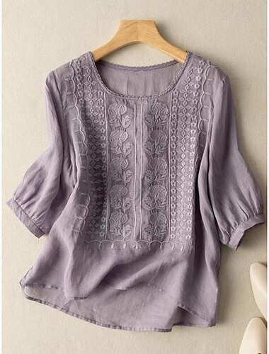  女性用 シャツ ブラウス ロングコットントップス ホワイトコットントップ フラワー カジュアル ハーフスリーブ ラウンドネック レギュラートップス お出かけ 刺繍 ホワイト イエロー パープル カーキ色