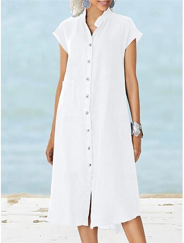  Per donna Nero Bianco Vino Estate Primavera Abito Midi Abiti in cotone e lino Abito Camicia Vestito Casual Essenziale Moderno Quotidiano Weekend Vestibilità comoda Semplice Collo alla coreana