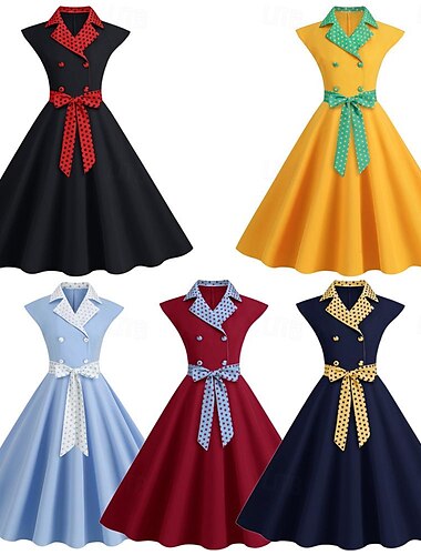  レトリ／ヴィンテージ 1950年代風 ロカビリー ドレス スイングドレス 水玉 女性用 カーニバル マスカレード デイリーウェア バチェロレッテパーティー 大人 ドレス ホームカミングドレス
