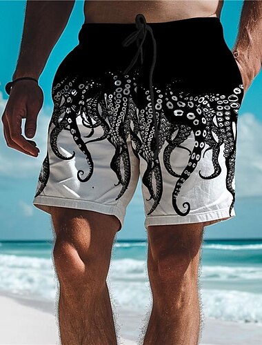  bläckfisktryckta herrbrädeshorts hawaiiska shorts badbyxor dragsko med meshfoder elastisk midja komfort andas semester semester shorts