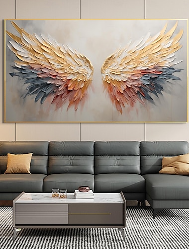  Pintura al óleo de ala de ángel original hecha a mano sobre lienzo, decoración artística de pared, pintura dorada minimalista abstracta para decoración del hogar con marco estirado/sin pintura de