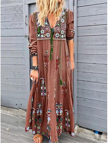  Rotes Boho-Maxikleid für Damen mit ethnischem Blumendruck, V-Ausschnitt, Dreiviertelärmel, lässige, lockere Passform, Strandparty, Sommermode, Kleidung