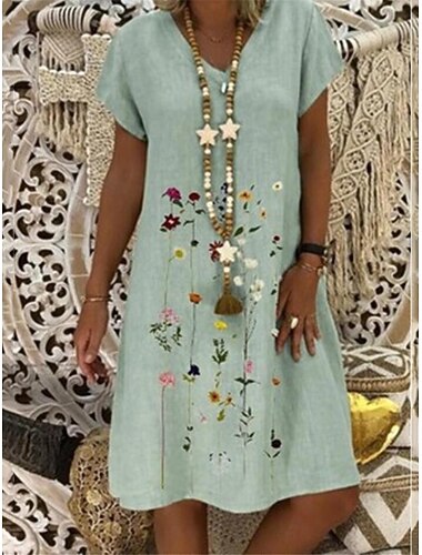  Dames Halflange jurk Imitatie katoenlinnen Hemdjurk Witte jurk Modern Dagelijks Weekend Ruim Passend Bloemig Korte mouw V-hals blauw Wit Paars Groen Zomer Lente