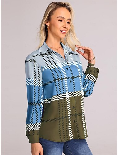  Damenhemd Mode Karomuster Knöpfe Print Langarm Reguläre Tops Hemdkragen Lässig Rot Blau Khaki Grau Frühling  Herbst