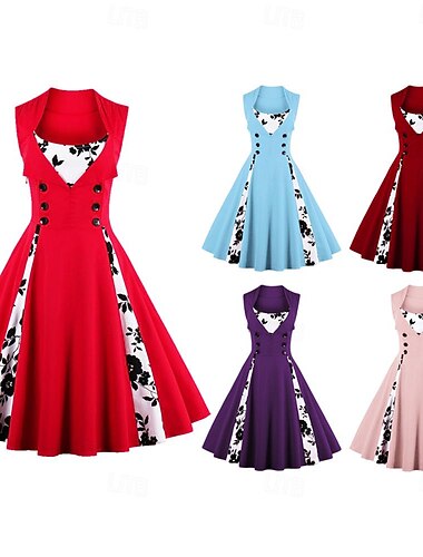  Retro Vintage Anos 50 Vestido Coquetel Vestidos Um vestido de linha Vestido Flare Floral Fantasia Mulheres Baile de Máscaras Festa / Eventos Festa de Solteira Adulto Vestido Vestidos de baile