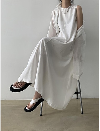  Mujer Vestido blanco Vestido informal Vestido de lino de algodón Vestido largo maxi Bolsillo Básico Diario Cuello Barco Sin Mangas Verano Primavera Negro Blanco Plano