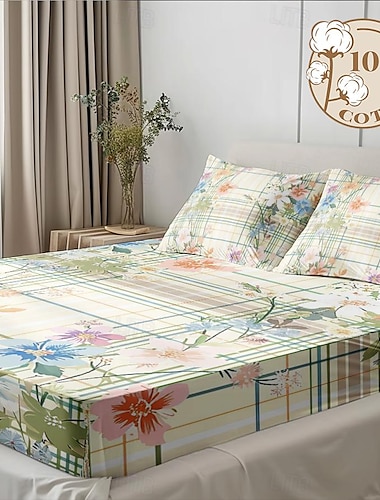  100% katoen bloemenstreep lentepatroon hoeslaken set ultrazachte ademende zijdeachtige lakens diepe zak beddengoed lakens 3-delige koningin kingsize