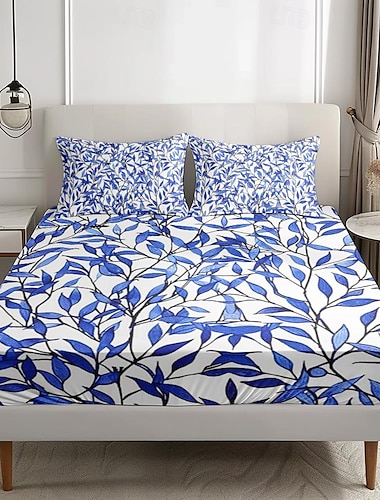  Spannbettlaken-Set mit Blättermuster, 100 % Baumwolle, ultraweiche, atmungsaktive, seidige Bettwäsche, tiefe Taschen, 3-teiliges Queen-King-Size-Bett
