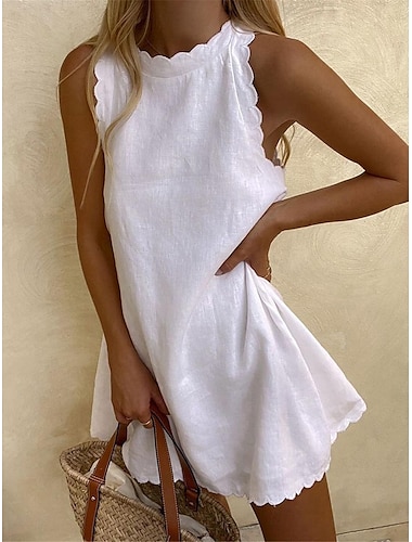  Mujer Vestido blanco Vestido informal Vestido de lino de algodón Mini vestido Básico Básico Diario Cuello Barco Sin Mangas Verano Primavera Negro Blanco Plano