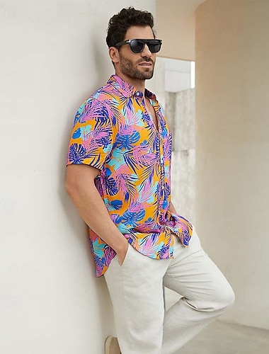  herre rayon skjorte afslappet skjorte blad tropisk hawaiiansk mode afslappet skjorte button up skjorte daglig hawaiiansk ferie sommer revers kortærmet lilla