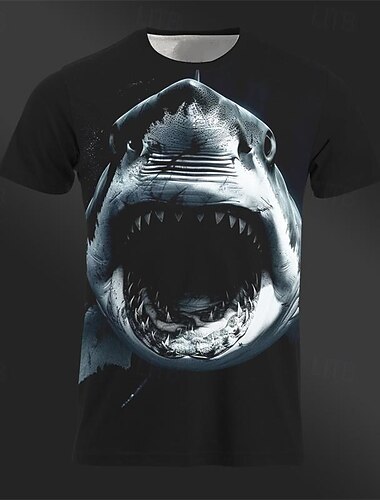  Herre Grafisk Dyr Haj T-shirt Tee Top Kortærmet T-shirt 3D-udskrivning Rund hals Skjorte Daglig Designer Retro / vintage Sport & Udendørs Ferie I-byen-tøj Sort Sort & Grå Forår sommer Tøj S M L XL
