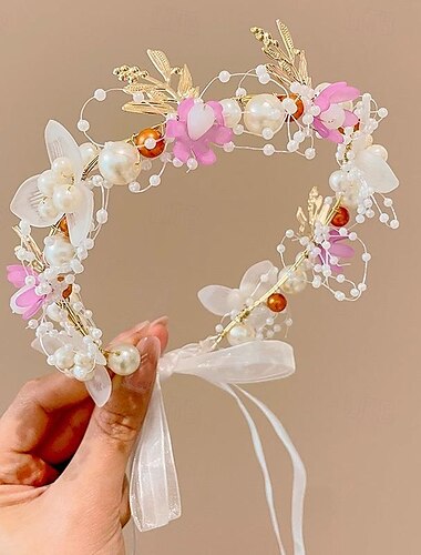  kinderkleidung Unisex Haarzubehör Blumen 1# weißes Perlen-Blumenband-Stirnband 2#Lila Perlen-Blumenband-Stirnband