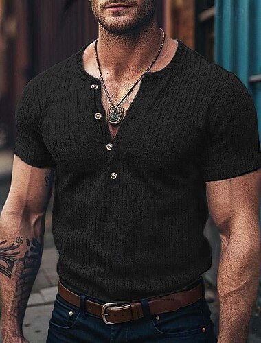  Voor heren Henley-shirt Spier shirt Geribbeld gebreid T-shirt T-shirt Korte Mouw Effen Pitstrook Modieus Ontwerper Basic Henley Vakantie Straat Uitgaan Zomer Wit Henley-T-shirt