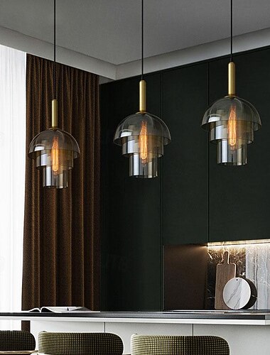  قلادة ضوء LED مصباح معلق للسقف 18/28 سم دخان رمادي ظل زجاجي ريفي قلادة إضاءة مفردة كلاسيكية عتيقة للمطبخ وجزيرة الحمام ومدخل المطعم 110-240 فولت