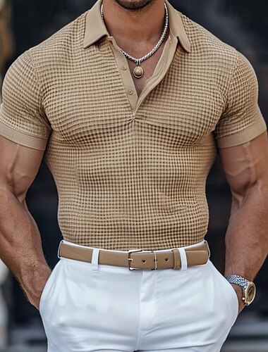  Herren Poloshirts zum Suchbegriff: "Waffel" Poloshirts Casual Festtage Kargen Gerippter Polokragen Kurzarm Modisch Basic Glatt Knopf Weich Sommer Frühling Regular Fit Weiß Gelb Khaki Grau Poloshirts
