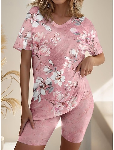  Mujer Camiseta Conjuntos de pantalones cortos Floral Estampado Casual Diario Moda Manga Corta Escote en Pico Rosa Verano