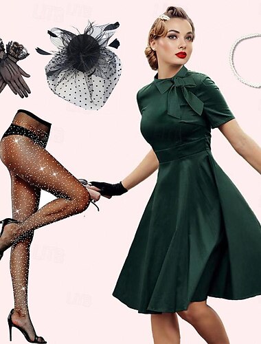  Conjunto de 3 piezas de vestido retro vintage de los años 50, vestido estilo swing, vestido acampanado, costura trasera, cintura alta, medias, tocado brillante, sombrero para fiesta, disfraz, fiesta