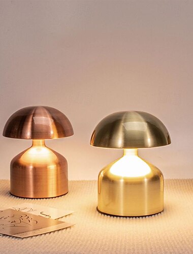  Lámpara de mesa con forma de seta de 5,5 ", recargable de metal con atenuación de 3 colores, lámpara de mesa de ambiente para dormitorio interior y sala de estar