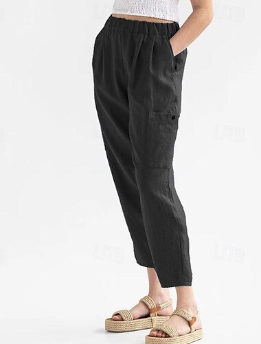  Mulheres Calças de linho de algodão Calças Calça Palazzo Moda Roupa de rua Conforto Comprimento total Cintura Alta Tecido Cintura elástica Confortável Exterior Rua Roupa Diária Para Noite Cinzento