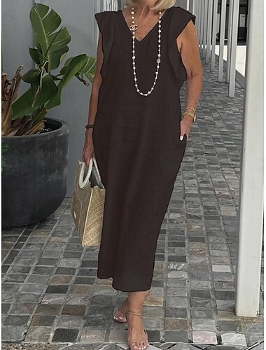  Damen Schwarz Weiß Gelb Sommer Frühling Maxikleid Midikleid Weißes Kleid Baumwoll-Leinen-Kleider Sommerkleid Modern Lässig Täglich Wochenende Lässiger Schnitt Einfach V Ausschnitt