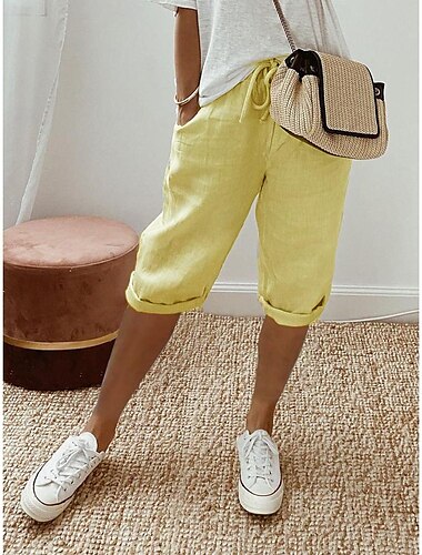  Mujer Normal Pantalones de lino y algodón Chinos Casual / Diario Longitud de la rodilla Cintura Media Color sólido Bolsillo Correa Cintura elástica Transpirabilidad Cómodo Rígido Vacaciones Casual