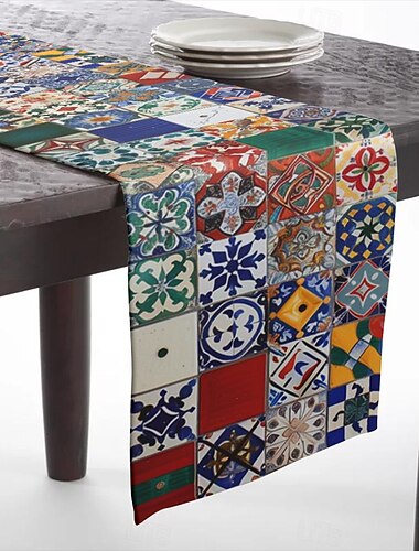  corredor de mesa estilo country estampado com emenda de azulejo boho, decoração de mesa de jantar de cozinha, corredores de mesa de decoração impressa para ambientes internos e externos, casa de