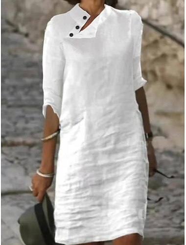 女性用 白いドレス カジュアルドレス コットンリネンドレス ミニドレス ボタン プリント 日常 スタンド 七分袖 夏 春 ブラック ホワイト フラワー 平織り