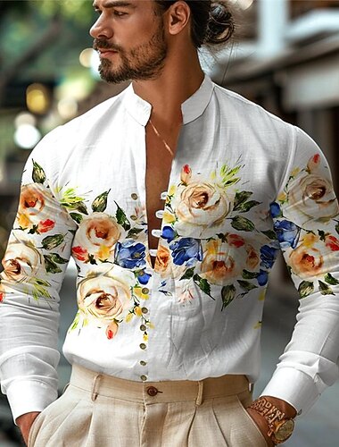  Men's Floral Button Up Shirt Printed Shirts Long Sleeve Hawaiian Resort Outdoor Holiday Daily Wear Spring & Summer Standing Collar Print Button-Down Black White