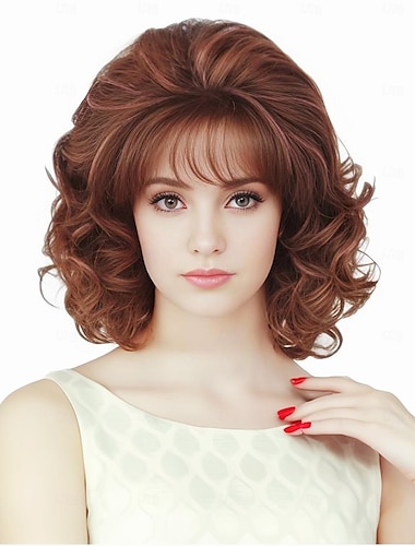  Vintage Short Ginger Mixed Blonde Beehive Wig with Bangs Curly Wavy Heat Resistant Synthetic Hair Wigs for Women fits 70s 80s Costume or Halloween and Party