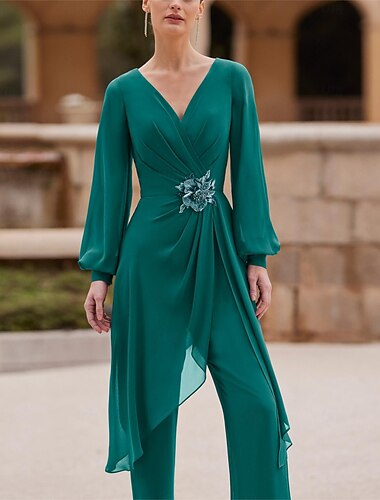  Robe Fourreau Mère de la Mariée Invité de Mariage Élegante Vintage Col en V Longueur Sol Chiffon Manches Courtes avec Plis Fleur Ruchée 2025 taille sur mesure gratuite