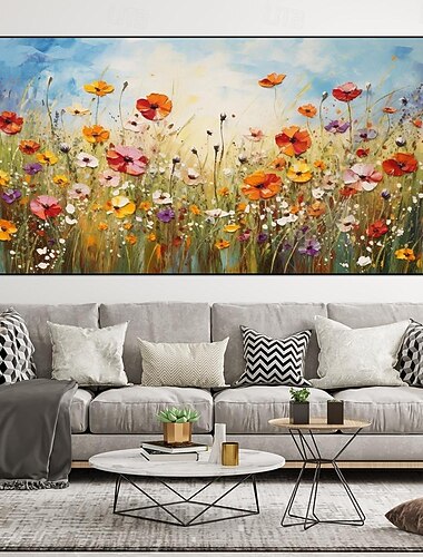  Pintura al óleo de flores sobre lienzo, pintura al óleo floral colorida abstracta hecha a mano, arte de pared pintado a mano, lienzo, pintura de primavera para decoración de pared de salón