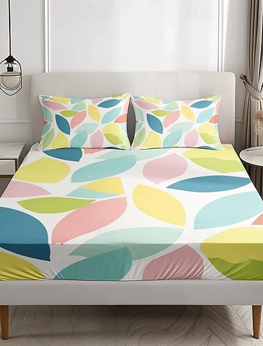  Geometrie-Spannbettlaken-Set, 100 % Baumwolle, ultraweiche, atmungsaktive, seidige Bettwäsche, tiefe Taschen, 3-teiliges Queen-King-Size-Bett